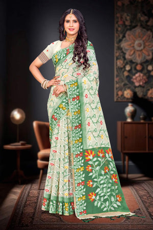 Dark Green Cotton Blend Woven Work Traditional Saree
