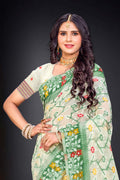 Dark Green Cotton Blend Woven Work Traditional Saree