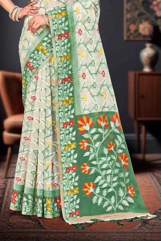 Dark Green Cotton Blend Woven Work Traditional Saree