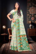 Dark Green Cotton Blend Woven Work Traditional Saree