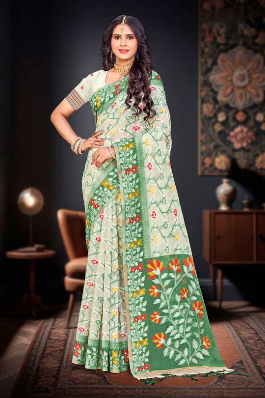 Dark Green Cotton Blend Woven Work Traditional Saree