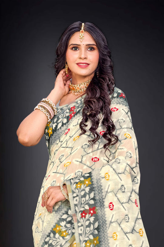 Gray Cotton Blend Woven Work Traditional Saree