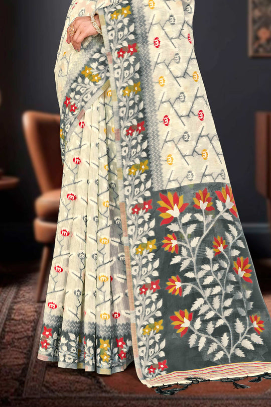 Gray Cotton Blend Woven Work Traditional Saree