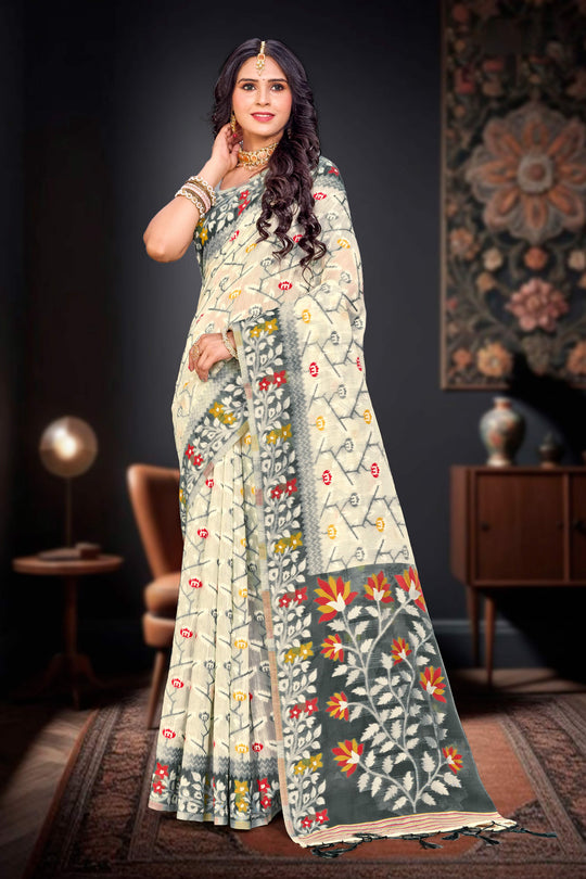 Gray Cotton Blend Woven Work Traditional Saree