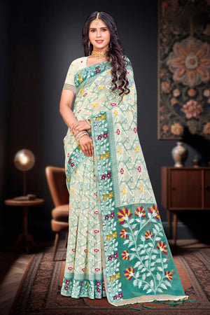 Mint Green Cotton Blend Woven Work Traditional Saree