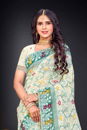 Mint Green Cotton Blend Woven Work Traditional Saree