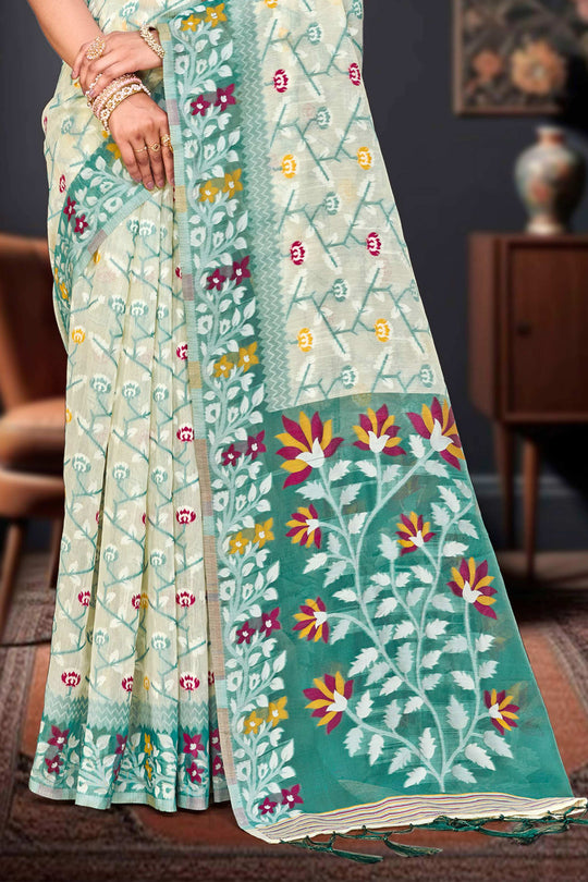Mint Green Cotton Blend Woven Work Traditional Saree