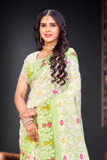 Parrot Green Cotton Blend Woven Work Traditional Saree