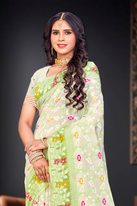 Parrot Green Cotton Blend Woven Work Traditional Saree