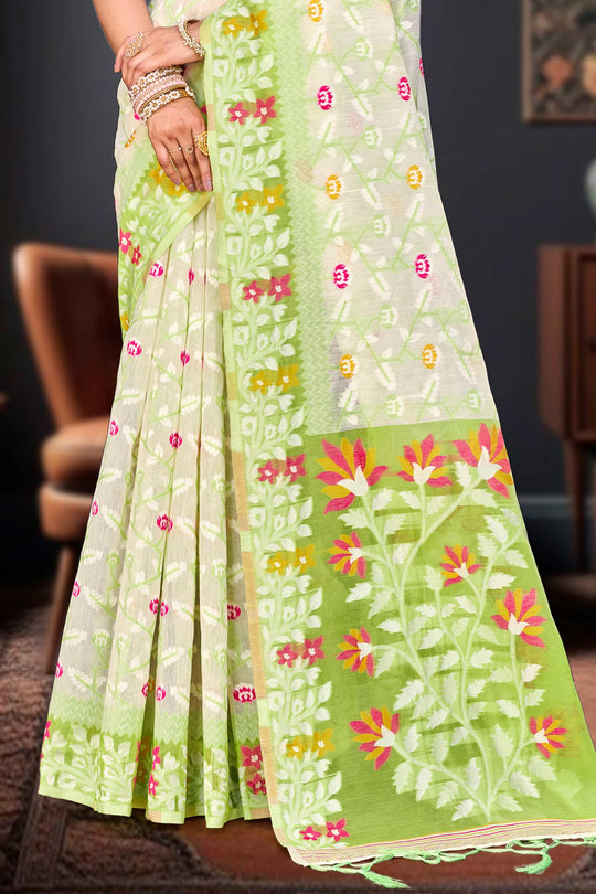 Parrot Green Cotton Blend Woven Work Traditional Saree