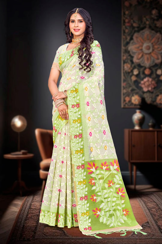 Parrot Green Cotton Blend Woven Work Traditional Saree