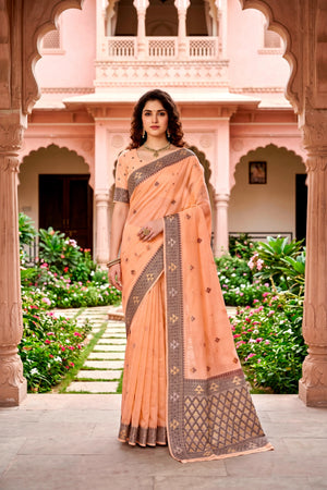 Peach Cotton Blend Woven Work Traditional Saree