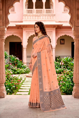 Peach Cotton Blend Woven Work Traditional Saree