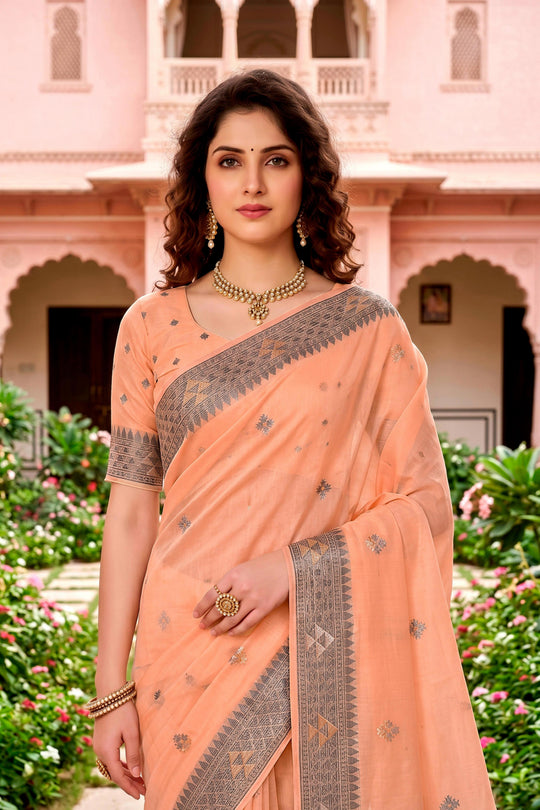 Peach Cotton Blend Woven Work Traditional Saree