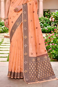 Peach Cotton Blend Woven Work Traditional Saree