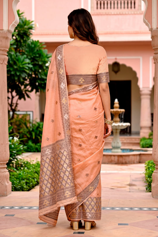 Peach Cotton Blend Woven Work Traditional Saree