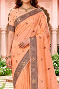 Peach Cotton Blend Woven Work Traditional Saree