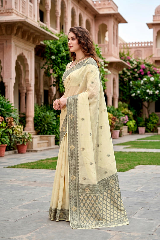 Light Yellow Cotton Blend Woven Work Traditional Saree