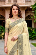 Light Yellow Cotton Blend Woven Work Traditional Saree