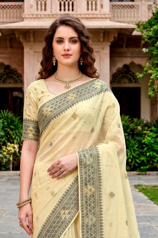 Light Yellow Cotton Blend Woven Work Traditional Saree
