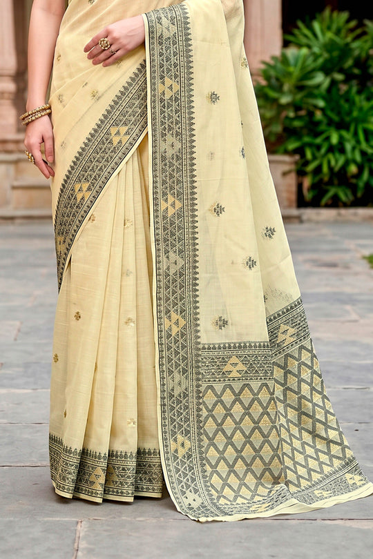 Light Yellow Cotton Blend Woven Work Traditional Saree
