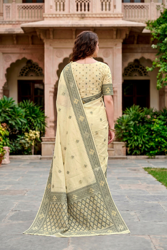 Light Yellow Cotton Blend Woven Work Traditional Saree