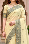 Light Yellow Cotton Blend Woven Work Traditional Saree