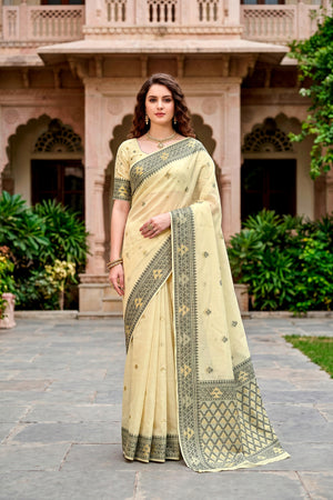 Light Yellow Cotton Blend Woven Work Traditional Saree