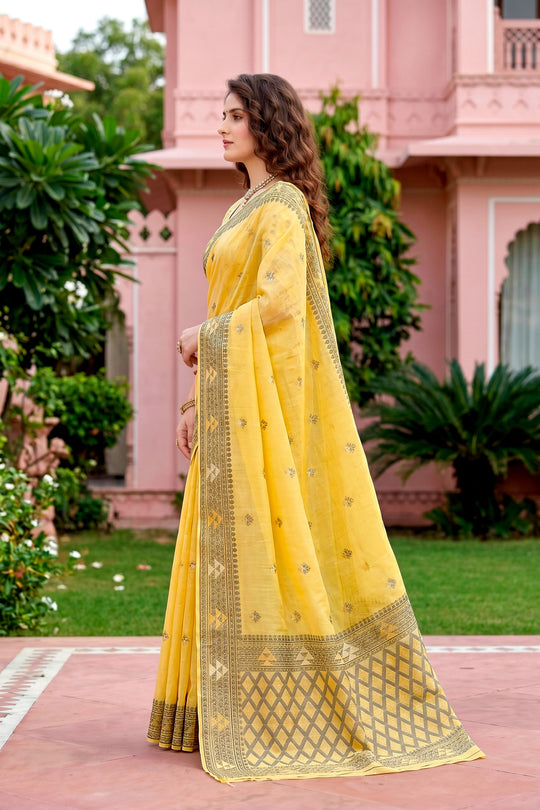 Yellow Cotton Blend Woven Work Traditional Saree