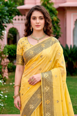 Yellow Cotton Blend Woven Work Traditional Saree
