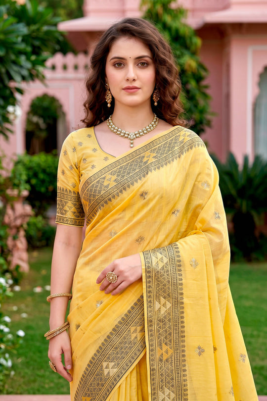 Yellow Cotton Blend Woven Work Traditional Saree