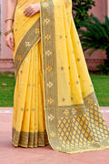 Yellow Cotton Blend Woven Work Traditional Saree