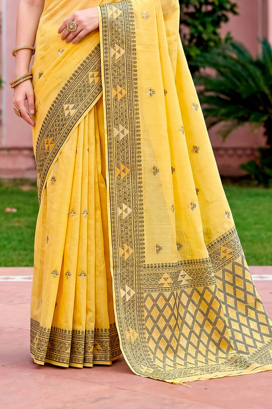 Yellow Cotton Blend Woven Work Traditional Saree