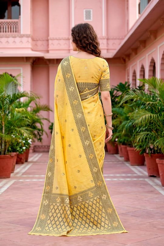 Yellow Cotton Blend Woven Work Traditional Saree