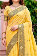 Yellow Cotton Blend Woven Work Traditional Saree