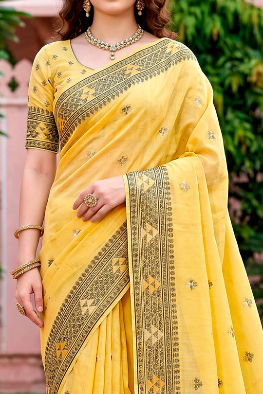 Yellow Cotton Blend Woven Work Traditional Saree