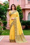 Yellow Cotton Blend Woven Work Traditional Saree