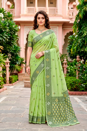 Green Cotton Blend Woven Work Traditional Saree