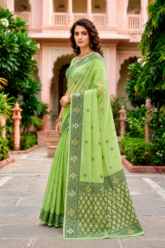 Green Cotton Blend Woven Work Traditional Saree