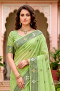 Green Cotton Blend Woven Work Traditional Saree