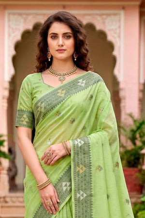 Green Cotton Blend Woven Work Traditional Saree