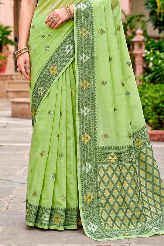 Green Cotton Blend Woven Work Traditional Saree