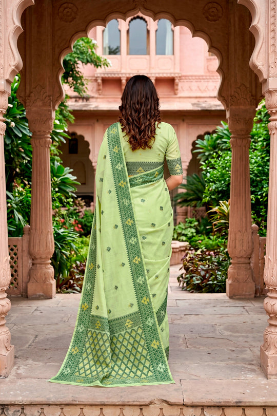 Green Cotton Blend Woven Work Traditional Saree
