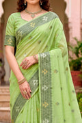 Green Cotton Blend Woven Work Traditional Saree