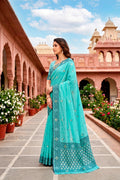 Teal Blue Cotton Blend Woven Work Traditional Saree