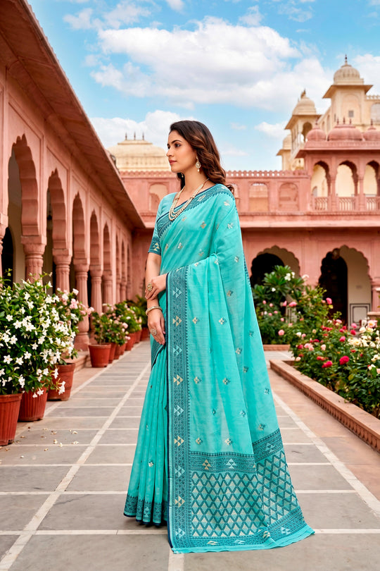 Teal Blue Cotton Blend Woven Work Traditional Saree