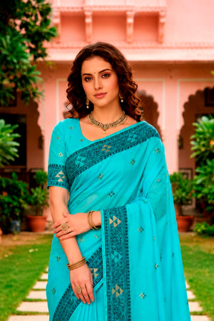 Teal Blue Cotton Blend Woven Work Traditional Saree
