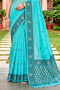 Teal Blue Cotton Blend Woven Work Traditional Saree