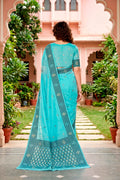 Teal Blue Cotton Blend Woven Work Traditional Saree