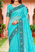 Teal Blue Cotton Blend Woven Work Traditional Saree